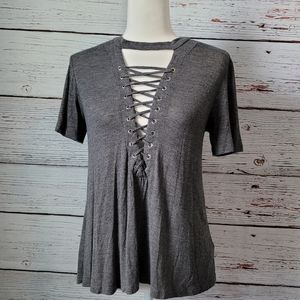 Grey Short Sleeve Criss Cross Top